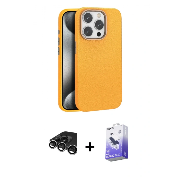 MARSİLYAN™- iPhone 15 Pro Kılıf Zirve Modern Prime - Siyah Bilvis 5in1 5D Magic Hayalet Cam Ekran Koruyucu + Gümüş Raze Metal Kamera Lens