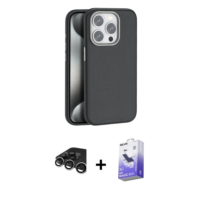 MARSİLYAN™- iPhone 15 Pro Kılıf Zirve Modern Prime - Siyah Bilvis 5in1 5D Magic Hayalet Cam Ekran Koruyucu + Gümüş Raze Metal Kamera Lens