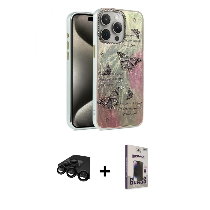 MARSİLYAN™- iPhone 15 Pro Kılıf Zirve Modern Prime - Siyah Bilvis Hayalet Cam Ekran Koruyucu + Raze Metal Kamera Lens - SH