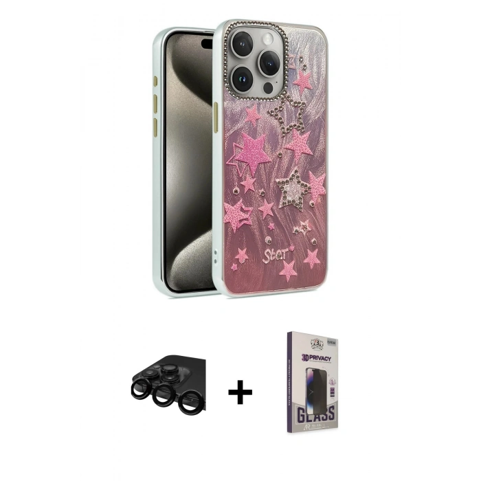 MARSİLYAN™- iPhone 15 Pro Kılıf Zirve Modern Prime - Siyah Bilvis Hayalet Cam Ekran Koruyucu + Raze Metal Kamera Lens - SH