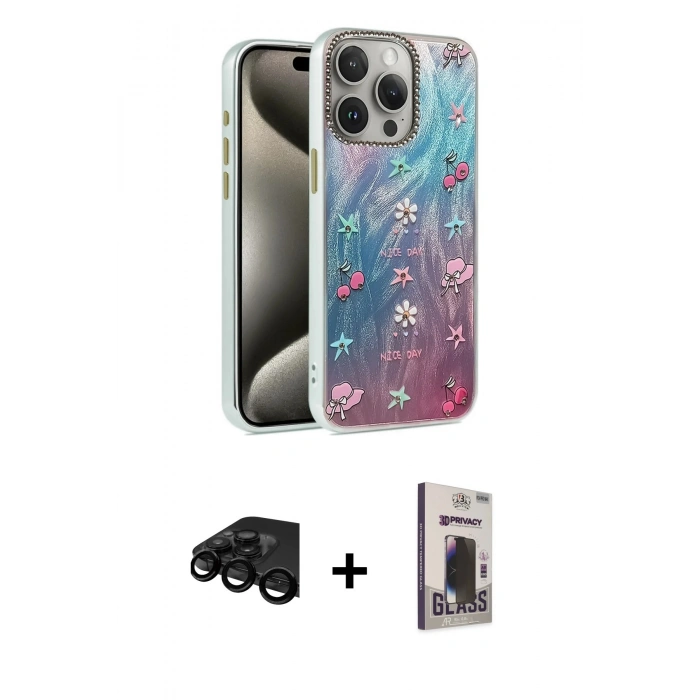 MARSİLYAN™- iPhone 15 Pro Kılıf Zirve Modern Prime - Siyah Bilvis Hayalet Cam Ekran Koruyucu + Raze Metal Kamera Lens - SH