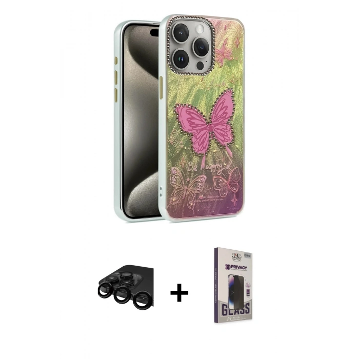 MARSİLYAN™- iPhone 15 Pro Kılıf Zirve Modern Prime - Siyah Bilvis Hayalet Cam Ekran Koruyucu + Raze Metal Kamera Lens - SH