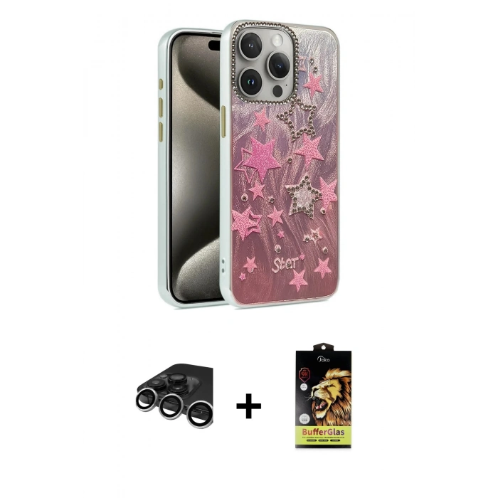 MARSİLYAN™- iPhone 15 Pro Kılıf Zirve Modern Prime - Siyah Buffer Cam Ekran Koruyucu + Raze Metal Kamera Lens - GS