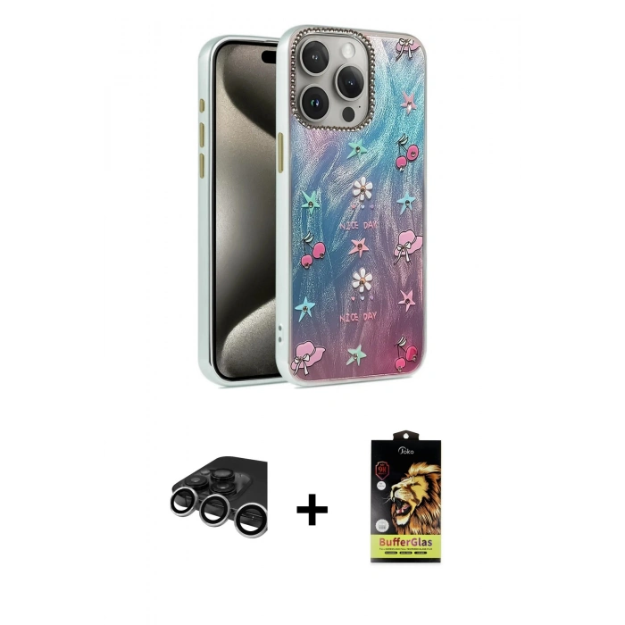 MARSİLYAN™- iPhone 15 Pro Kılıf Zirve Modern Prime - Siyah Buffer Cam Ekran Koruyucu + Raze Metal Kamera Lens - GS
