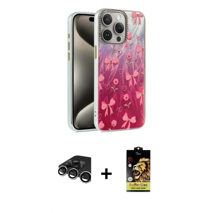 MARSİLYAN™- iPhone 15 Pro Kılıf Zirve Modern Prime - Siyah Buffer Cam Ekran Koruyucu + Raze Metal Kamera Lens - GS