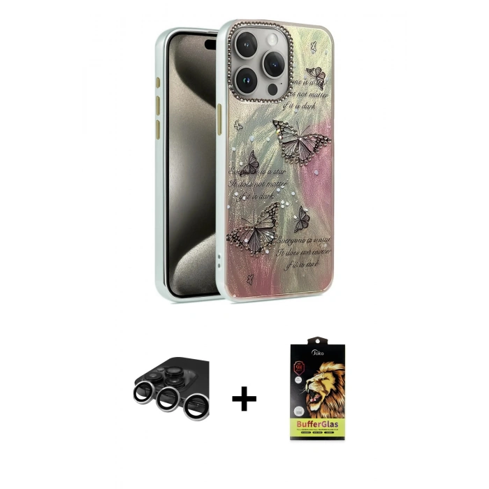 MARSİLYAN™- iPhone 15 Pro Kılıf Zirve Modern Prime - Siyah Buffer Cam Ekran Koruyucu + Raze Metal Kamera Lens - GS