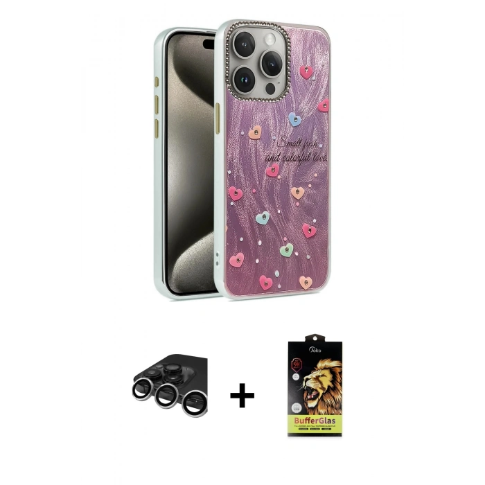 MARSİLYAN™- iPhone 15 Pro Kılıf Zirve Modern Prime - Siyah Buffer Cam Ekran Koruyucu + Raze Metal Kamera Lens - GS