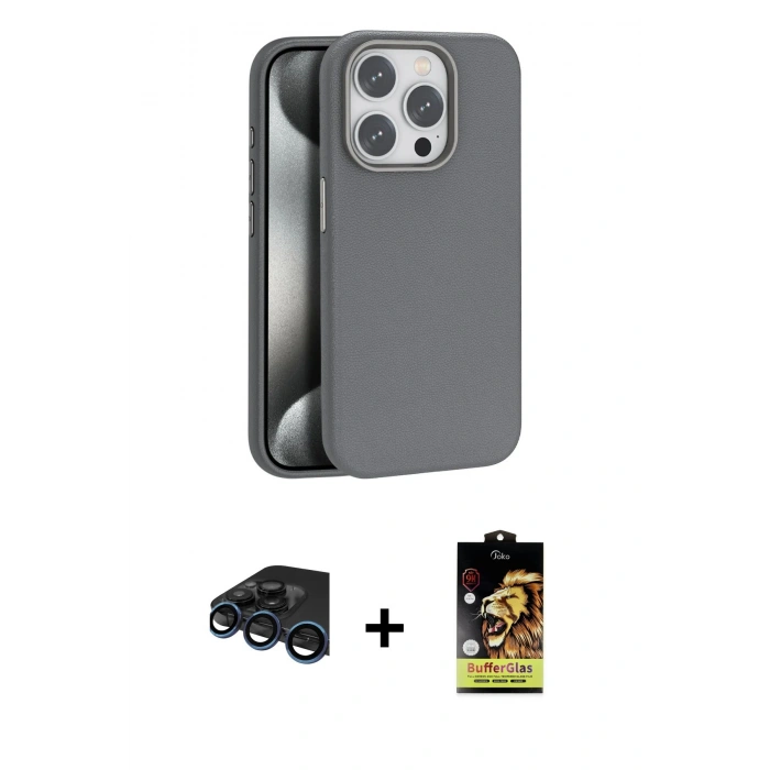 MARSİLYAN™- iPhone 15 Pro Kılıf Zirve Modern Prime - Siyah Buffer Cam Ekran Koruyucu + Lacivert Raze Metal Kamera Lens