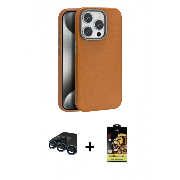 MARSİLYAN™- iPhone 15 Pro Kılıf Zirve Modern Prime - Siyah Buffer Cam Ekran Koruyucu + Lacivert Raze Metal Kamera Lens