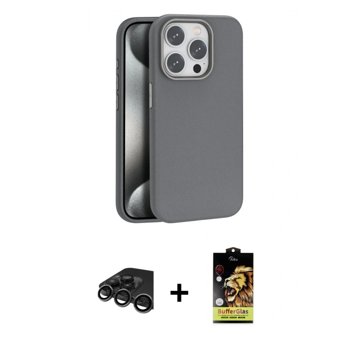 MARSİLYAN™- iPhone 15 Pro Kılıf Zirve Modern Prime - Siyah Buffer Cam Ekran Koruyucu + Raze Metal Kamera Lens - TMGI