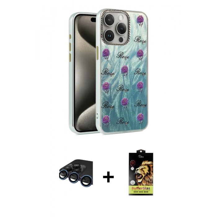 MARSİLYAN™- iPhone 15 Pro Kılıf Zirve Modern Prime - Siyah Buffer Cam Ekran Koruyucu + Raze Metal Kamera Lens - LT
