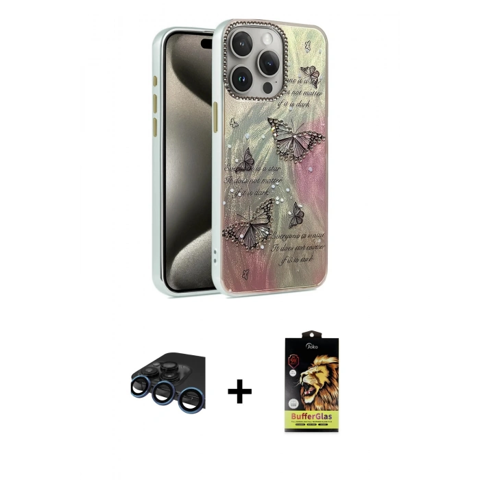 MARSİLYAN™- iPhone 15 Pro Kılıf Zirve Modern Prime - Siyah Buffer Cam Ekran Koruyucu + Raze Metal Kamera Lens - LT
