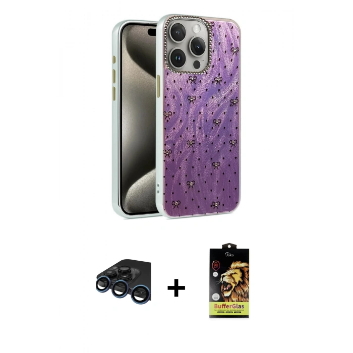 MARSİLYAN™- iPhone 15 Pro Kılıf Zirve Modern Prime - Siyah Buffer Cam Ekran Koruyucu + Raze Metal Kamera Lens - LT