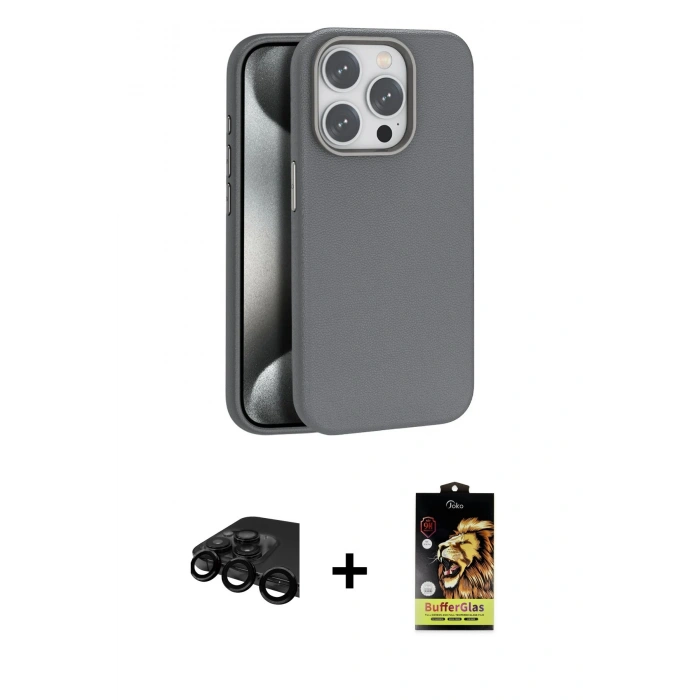 MARSİLYAN™- iPhone 15 Pro Kılıf Zirve Modern Prime - Siyah Buffer Cam Ekran Koruyucu + Raze Metal Kamera Lens - SH