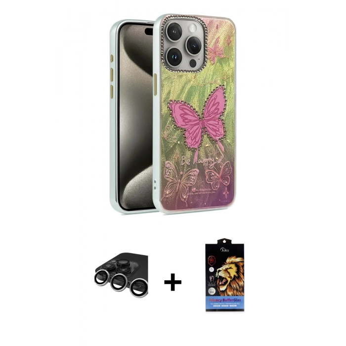MARSİLYAN™- iPhone 15 Pro Kılıf Zirve Modern Prime - Siyah Buffer Hayalet Cam Ekran Koruyucu + Raze Metal Kamera Lens - GS