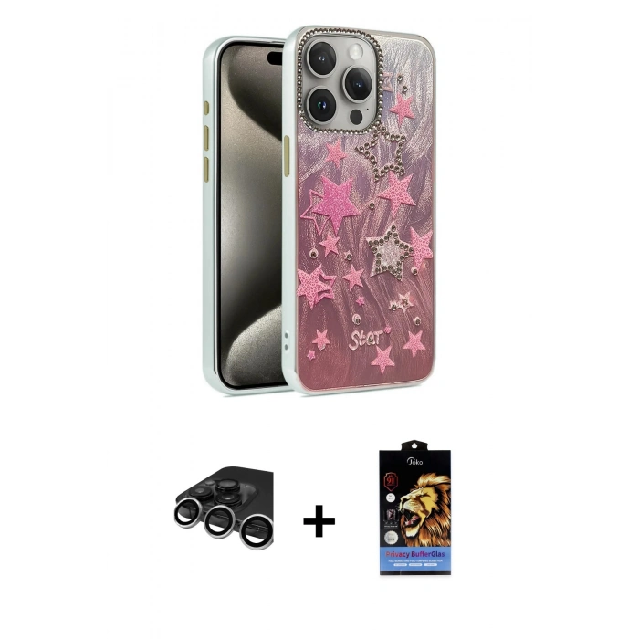 MARSİLYAN™- iPhone 15 Pro Kılıf Zirve Modern Prime - Siyah Buffer Hayalet Cam Ekran Koruyucu + Raze Metal Kamera Lens - GS