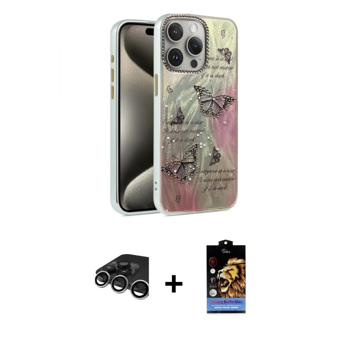 MARSİLYAN™- iPhone 15 Pro Kılıf Zirve Modern Prime - Siyah Buffer Hayalet Cam Ekran Koruyucu + Raze Metal Kamera Lens - GS