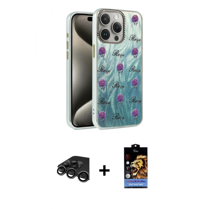 MARSİLYAN™- iPhone 15 Pro Kılıf Zirve Modern Prime - Siyah Buffer Hayalet Cam Ekran Koruyucu + Raze Metal Kamera Lens - TMGI