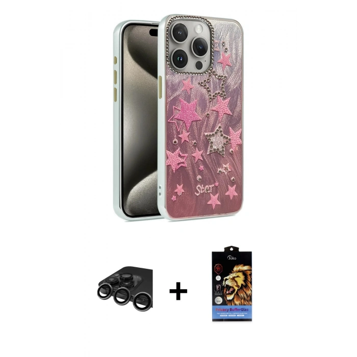 MARSİLYAN™- iPhone 15 Pro Kılıf Zirve Modern Prime - Siyah Buffer Hayalet Cam Ekran Koruyucu + Raze Metal Kamera Lens - TMGI