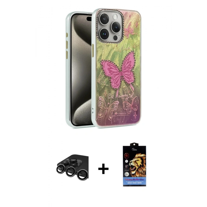 MARSİLYAN™- iPhone 15 Pro Kılıf Zirve Modern Prime - Siyah Buffer Hayalet Cam Ekran Koruyucu + Raze Metal Kamera Lens - TMGI