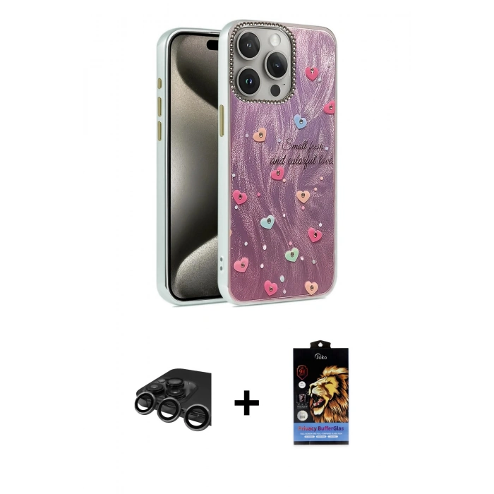 MARSİLYAN™- iPhone 15 Pro Kılıf Zirve Modern Prime - Siyah Buffer Hayalet Cam Ekran Koruyucu + Raze Metal Kamera Lens - TMGI