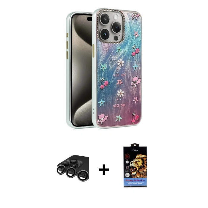 MARSİLYAN™- iPhone 15 Pro Kılıf Zirve Modern Prime - Siyah Buffer Hayalet Cam Ekran Koruyucu + Raze Metal Kamera Lens - TMGI