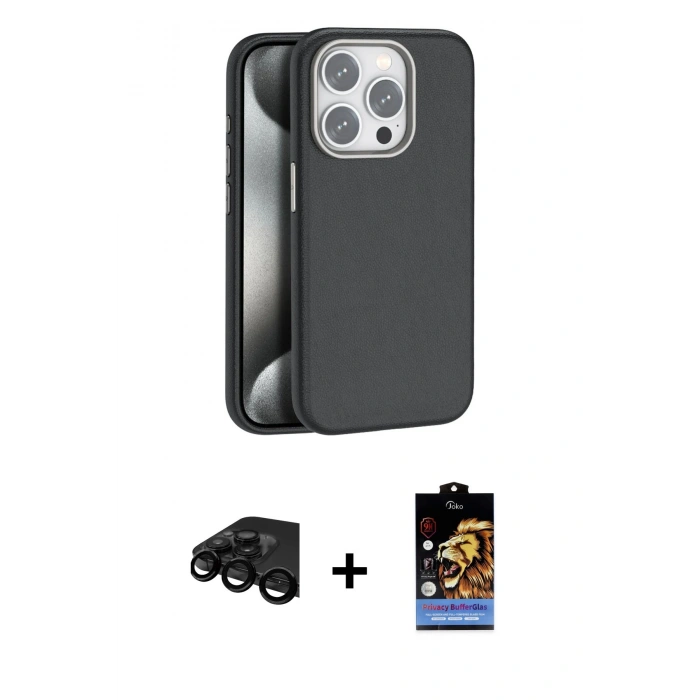 MARSİLYAN™- iPhone 15 Pro Kılıf Zirve Modern Prime - Siyah Buffer Hayalet Cam Ekran Koruyucu + Raze Metal Kamera Lens - SH