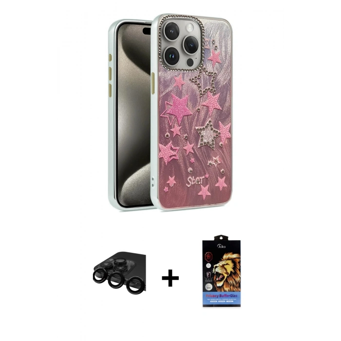 MARSİLYAN™- iPhone 15 Pro Kılıf Zirve Modern Prime - Siyah Buffer Hayalet Cam Ekran Koruyucu + Raze Metal Kamera Lens - SH