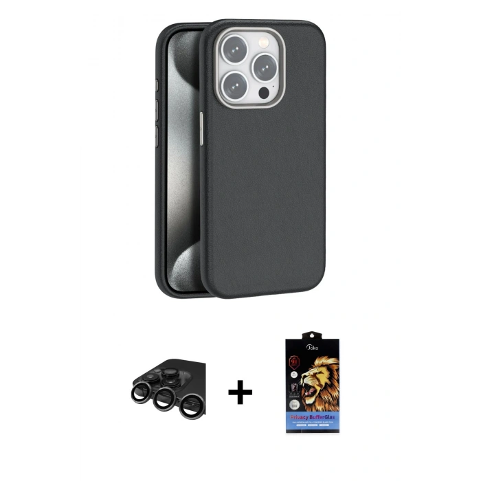 MARSİLYAN™- iPhone 15 Pro Kılıf Zirve Modern Prime - Siyah Buffer Hayalet Cam Ekran Koruyucu + Titanyum Gri Raze Metal Kamera Lens