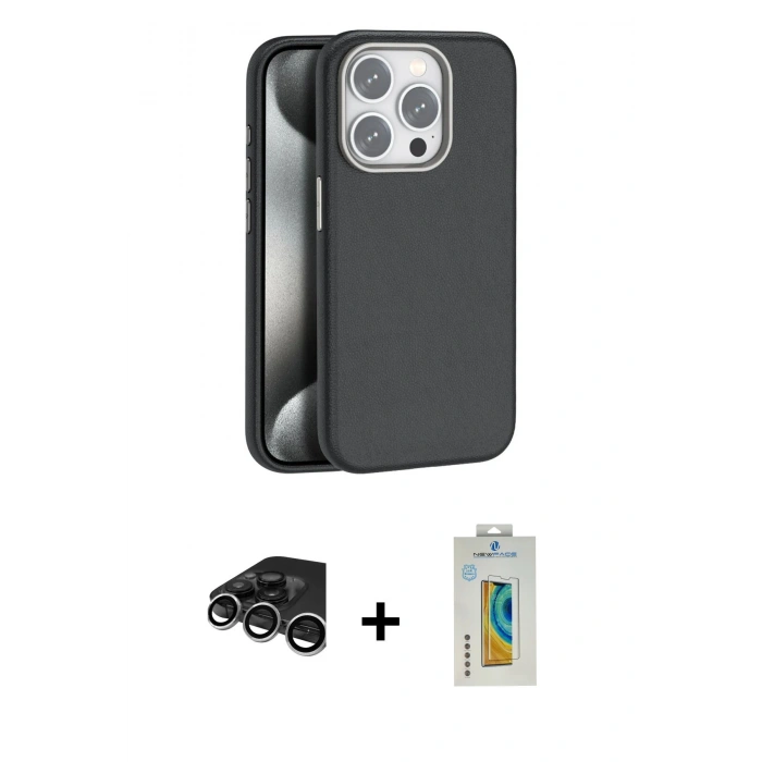 MARSİLYAN™- iPhone 15 Pro Kılıf Zirve Modern Prime - Siyah Polymer Nano Ekran Koruyucu + Raze Metal Kamera Lens - GS