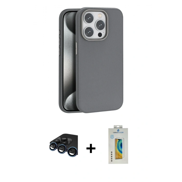 MARSİLYAN™- iPhone 15 Pro Kılıf Zirve Modern Prime - Siyah Polymer Nano Ekran Koruyucu + Lacivert Raze Metal Kamera Lens