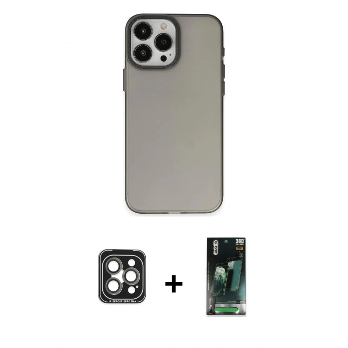 MARSİLYAN™- iPhone 15 Pro Max Kılıf Ahenk Çizgi Prime - Şeffaf 360 Full Body Arka Koruyucu + PVD Metal Kamera Lens - GI