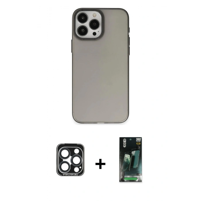 MARSİLYAN™- iPhone 15 Pro Max Kılıf Ahenk Çizgi Prime - Şeffaf 360 Full Body Arka Koruyucu + PVD Metal Kamera Lens - LT