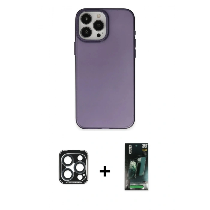 MARSİLYAN™- iPhone 15 Pro Max Kılıf Ahenk Çizgi Prime - Şeffaf 360 Full Body Arka Koruyucu + PVD Metal Kamera Lens - LT