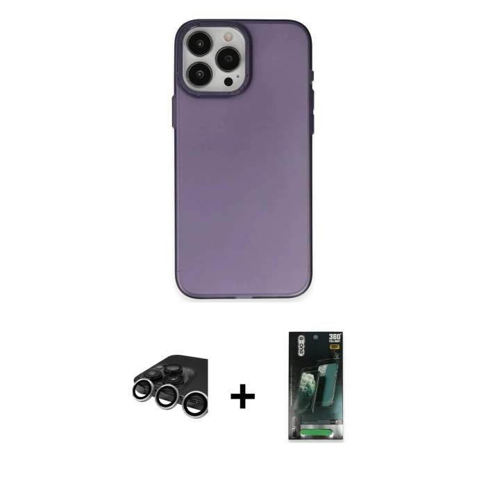 MARSİLYAN™- iPhone 15 Pro Max Kılıf Ahenk Çizgi Prime - Şeffaf 360 Full Body Arka Koruyucu + Raze Metal Kamera Lens - GS