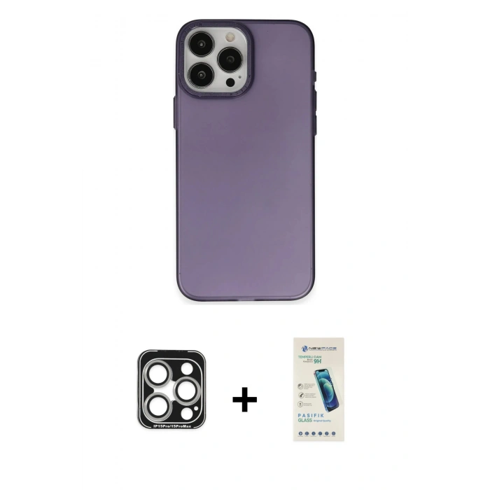 MARSİLYAN™- iPhone 15 Pro Max Kılıf Ahenk Çizgi Prime - Şeffaf Pasifik Cam Ekran Koruyucu + PVD Metal Kamera Lens - GS