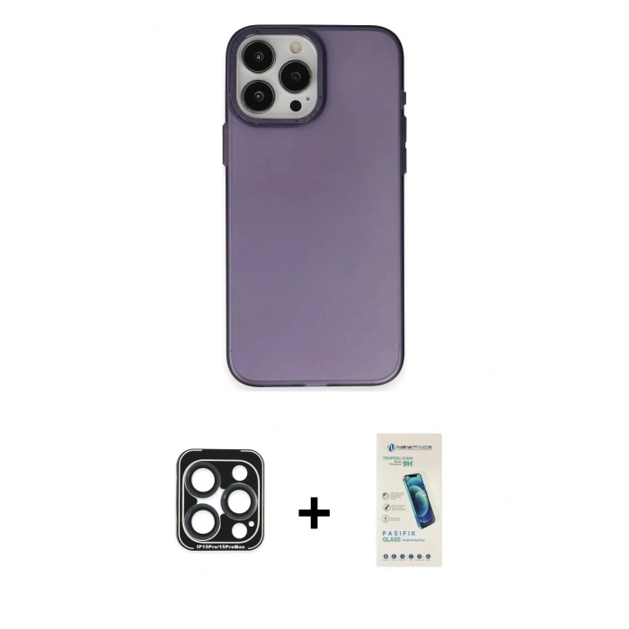 MARSİLYAN™- iPhone 15 Pro Max Kılıf Ahenk Çizgi Prime - Şeffaf Pasifik Cam Ekran Koruyucu + PVD Metal Kamera Lens - LT