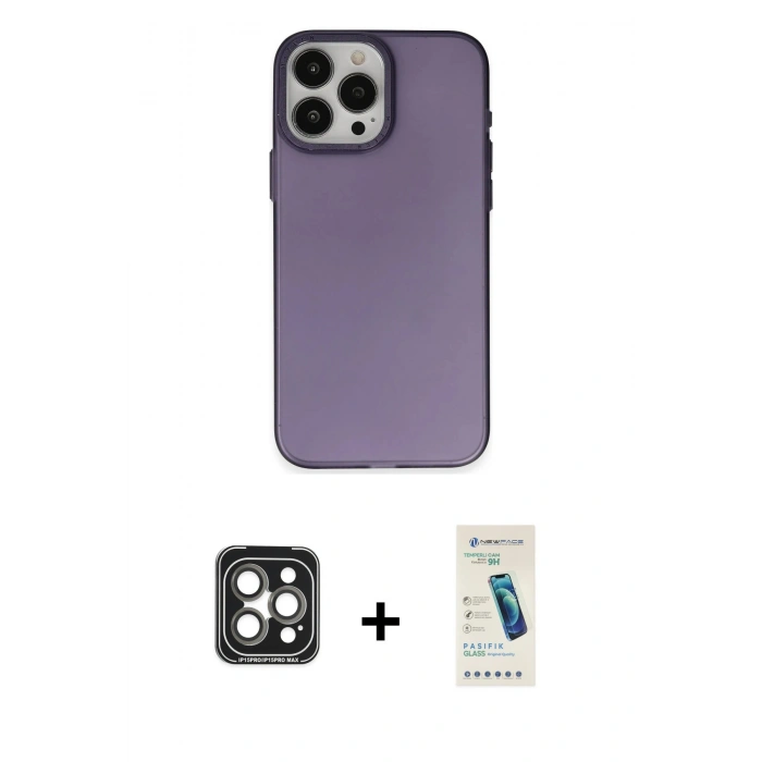 MARSİLYAN™- iPhone 15 Pro Max Kılıf Ahenk Çizgi Prime - Şeffaf Pasifik Cam Ekran Koruyucu + PVD Metal Kamera Lens - GI