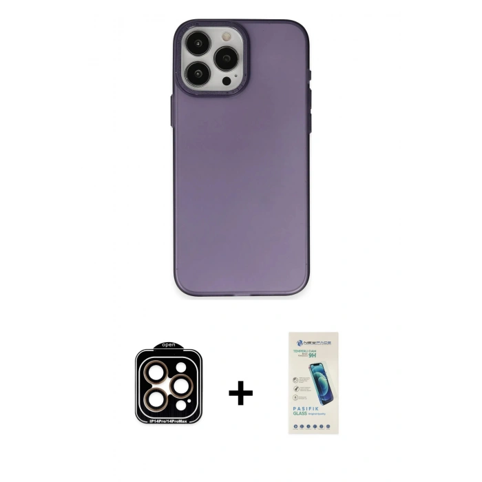MARSİLYAN™- iPhone 15 Pro Max Kılıf Ahenk Çizgi Prime - Şeffaf Pasifik Cam Ekran Koruyucu + PVD Metal Kamera Lens - TU