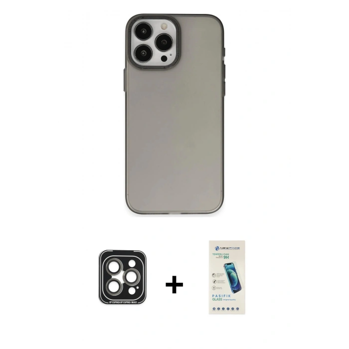 MARSİLYAN™- iPhone 15 Pro Max Kılıf Ahenk Çizgi Prime - Şeffaf Pasifik Cam Ekran Koruyucu + PVD Metal Kamera Lens - GI