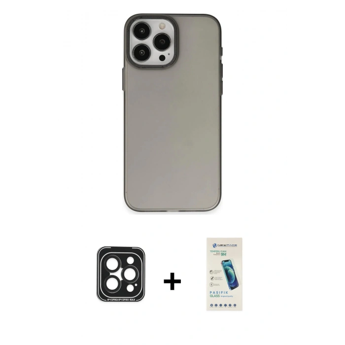 MARSİLYAN™- iPhone 15 Pro Max Kılıf Ahenk Çizgi Prime - Şeffaf Pasifik Cam Ekran Koruyucu + PVD Metal Kamera Lens - SH