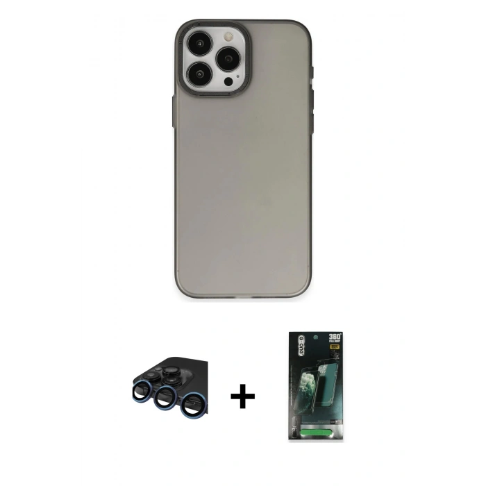 MARSİLYAN™- iPhone 15 Pro Max Kılıf Ahenk Çizgi Prime - Siyah 360 Mat Full Body Arka Koruyucu + Lacivert Raze Metal Kamera Lens