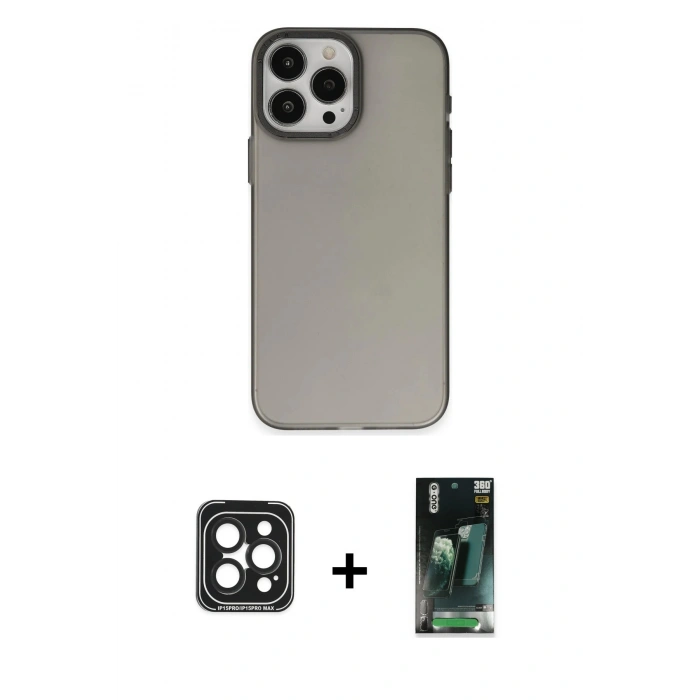 MARSİLYAN™- iPhone 15 Pro Max Kılıf Ahenk Çizgi Prime - Siyah 360 Mat Full Body Arka Koruyucu + Siyah PVD Metal Kamera Lens