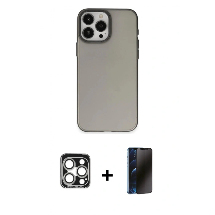 MARSİLYAN™- iPhone 15 Pro Max Kılıf Ahenk Çizgi Prime - Siyah 3D Antistatik Hayalet Cam Ekran Koruyucu + Gümüş PVD Metal Kamera Lens