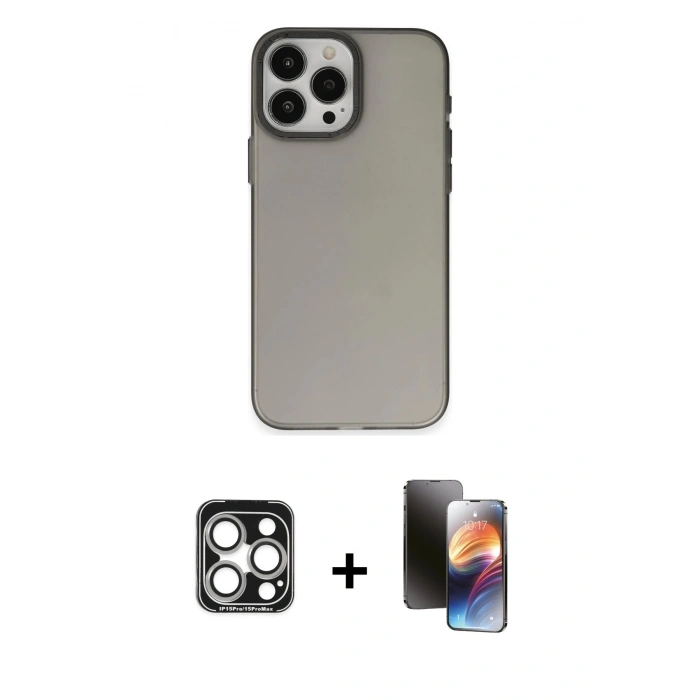 MARSİLYAN™- iPhone 15 Pro Max Kılıf Ahenk Çizgi Prime - Siyah 3D Antistatik Mat Seramik Nano Ekran Koruyucu + PVD Metal Kamera Lens - GS