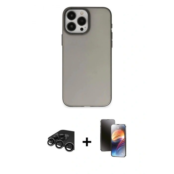 MARSİLYAN™- iPhone 15 Pro Max Kılıf Ahenk Çizgi Prime - Siyah 3D Antistatik Mat Seramik Nano Ekran Koruyucu + Raze Metal Kamera Lens - TMGI