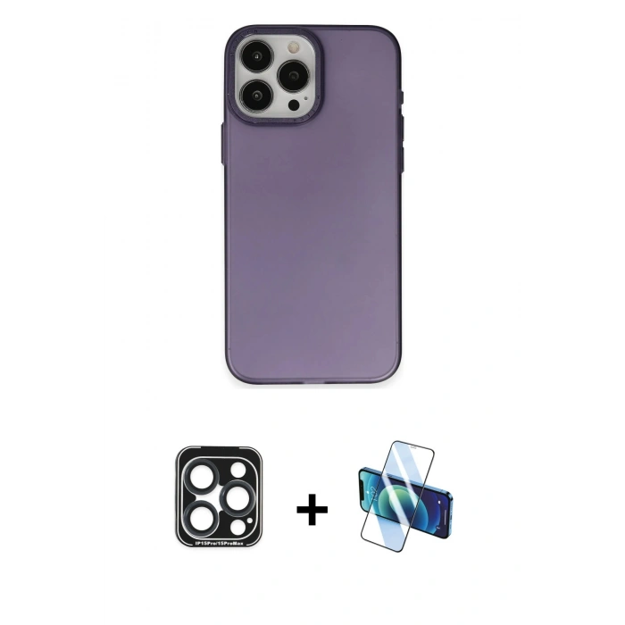 MARSİLYAN™- iPhone 15 Pro Max Kılıf Ahenk Çizgi Prime - Siyah 3D Antistatik Seramik Nano Ekran Koruyucu + Lacivert PVD Metal Kamera Lens