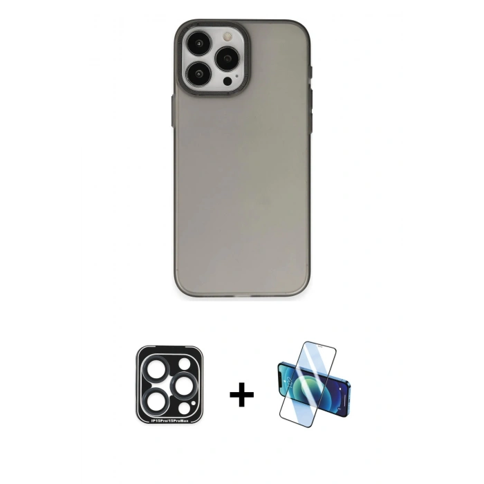 MARSİLYAN™- iPhone 15 Pro Max Kılıf Ahenk Çizgi Prime - Siyah 3D Antistatik Seramik Nano Ekran Koruyucu + Lacivert PVD Metal Kamera Lens