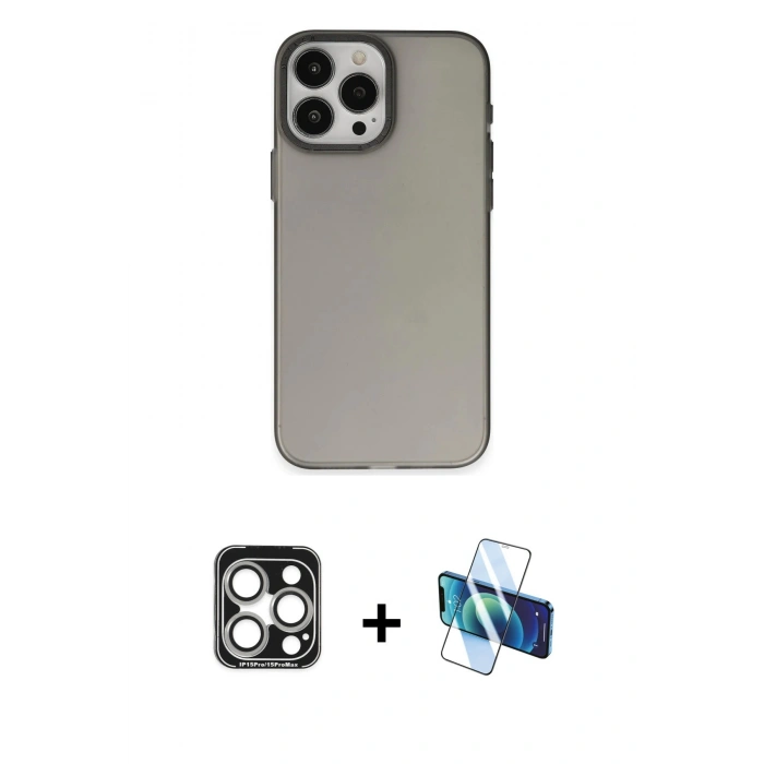MARSİLYAN™- iPhone 15 Pro Max Kılıf Ahenk Çizgi Prime - Siyah 3D Antistatik Seramik Nano Ekran Koruyucu + PVD Metal Kamera Lens - GS