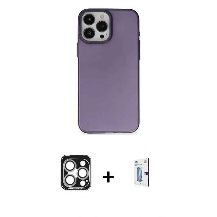 MARSİLYAN™- iPhone 15 Pro Max Kılıf Ahenk Çizgi Prime - Siyah Bilvis 0.18mm Plus Cam Ekran Koruyucu + PVD Metal Kamera Lens - GS